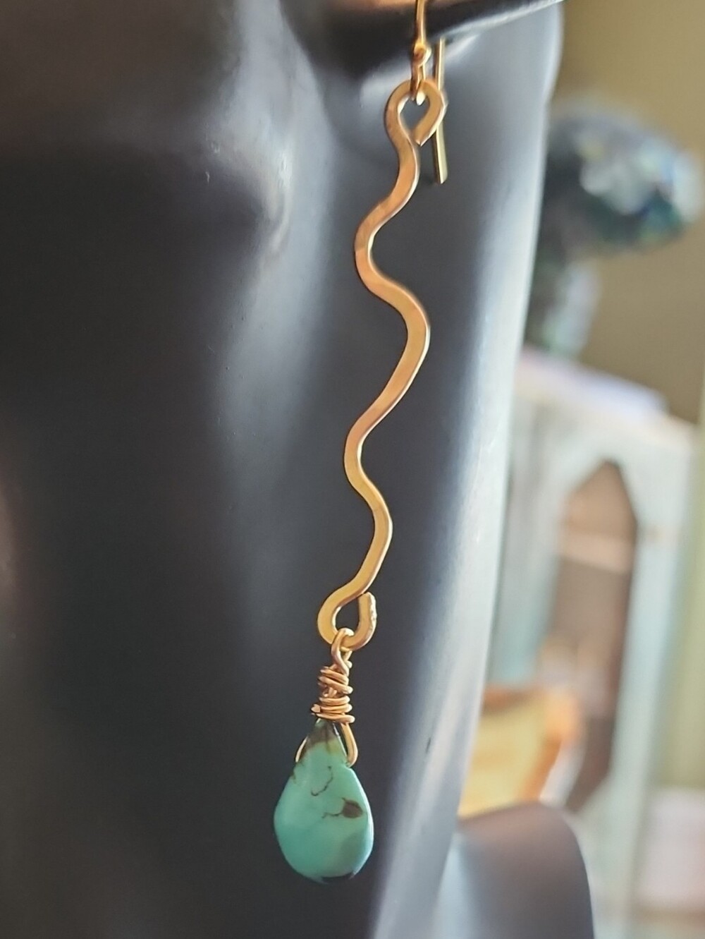 Handmade Hammered Brass Wave Drop Earrings with Turquoise Teardrop